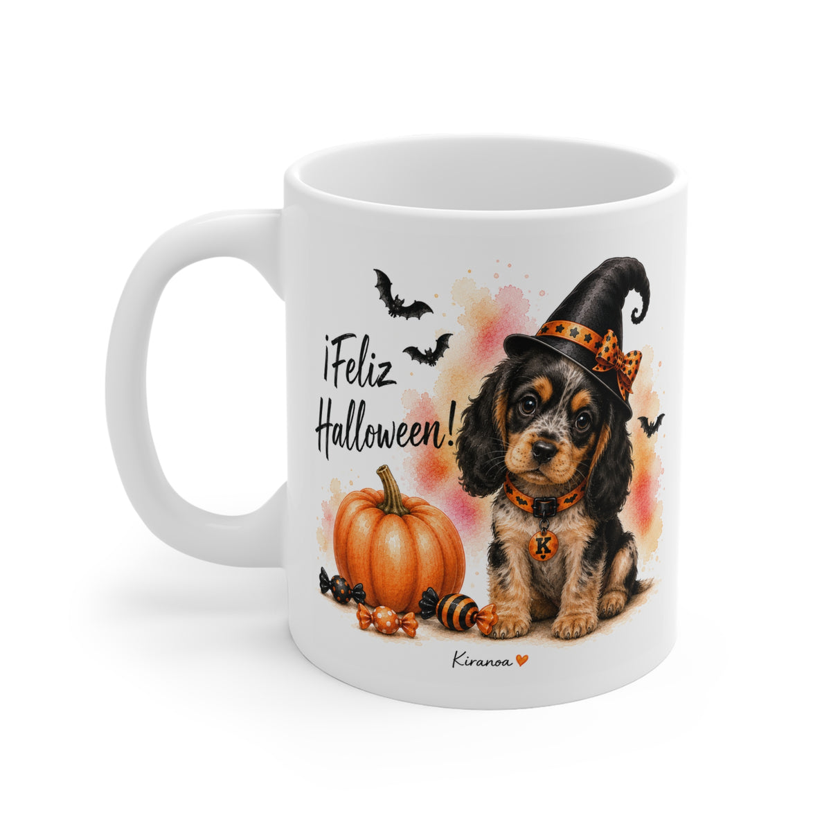 Taza cerámica Cocker Spaniel Inglés Tricolor Halloween con diseño impreso en ambas caras vista trasera Kiranoa
