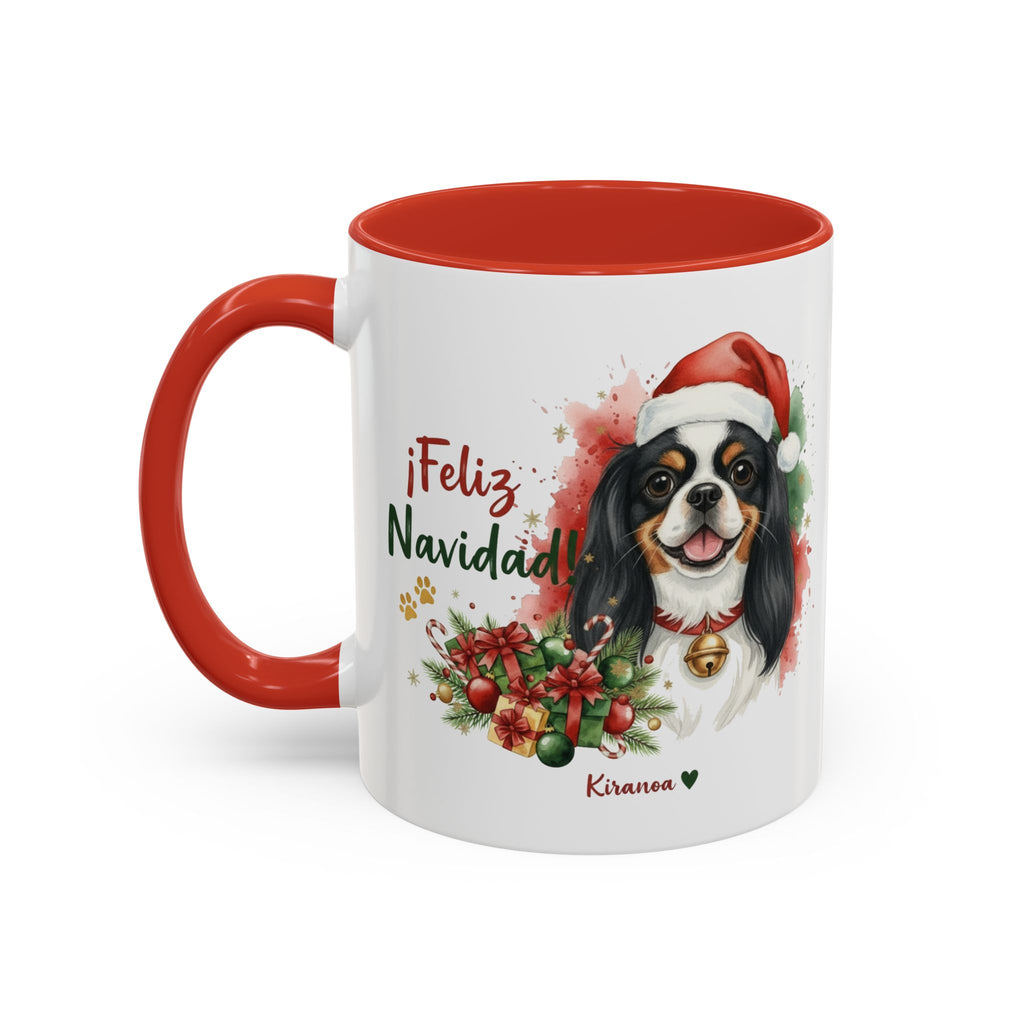 Taza Navideña Cavalier King Charles Tricolor con interior y asa roja vista trasera Kiranoa
