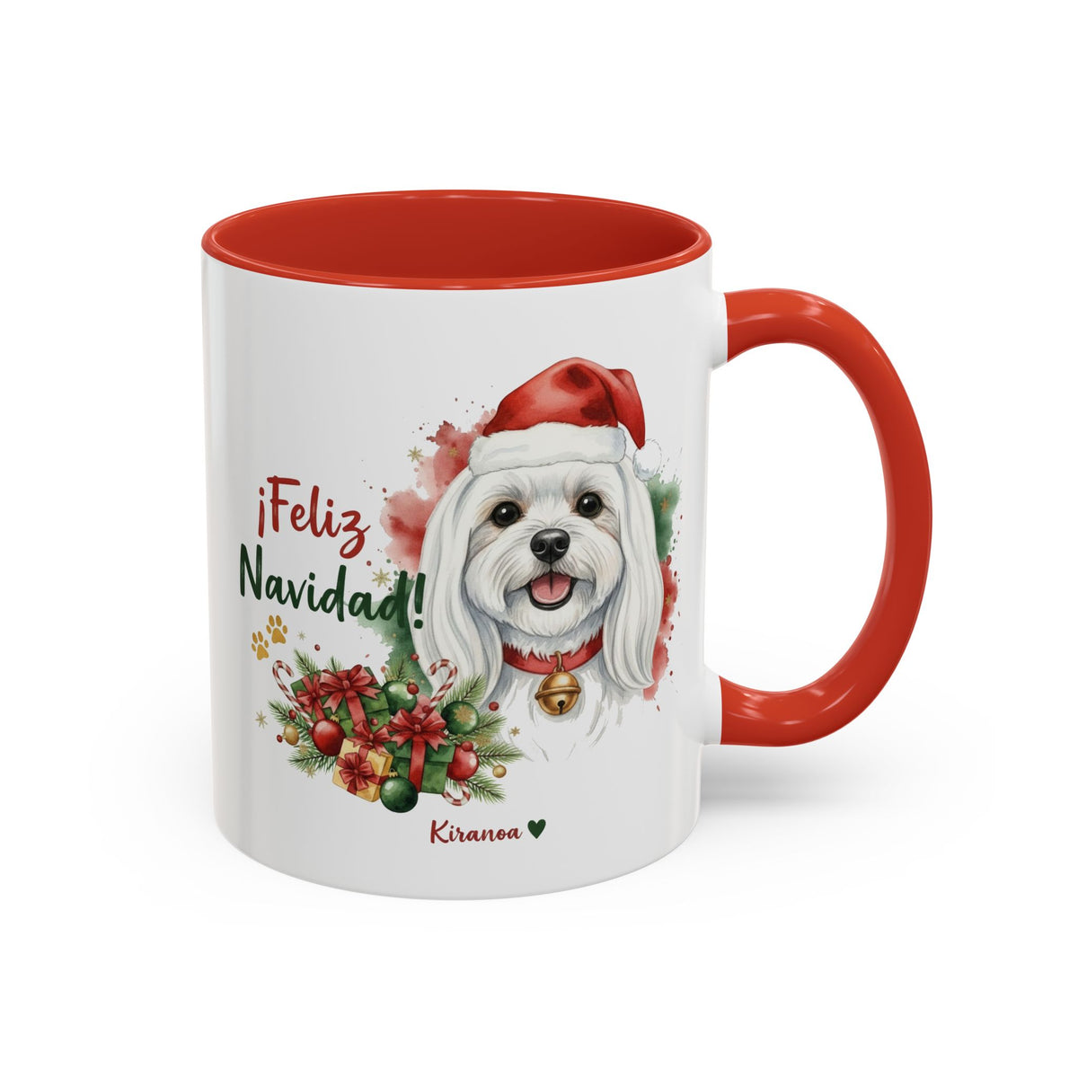 Taza Navideña Bichón Maltés con frase ¡Feliz Navidad! vista frontal Kiranoa
