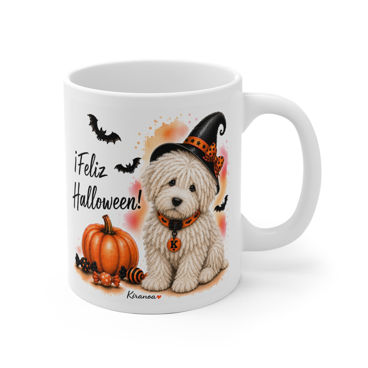 Taza cerámica Komondor Halloween con ilustración terrorífica vista frontal Kiranoa