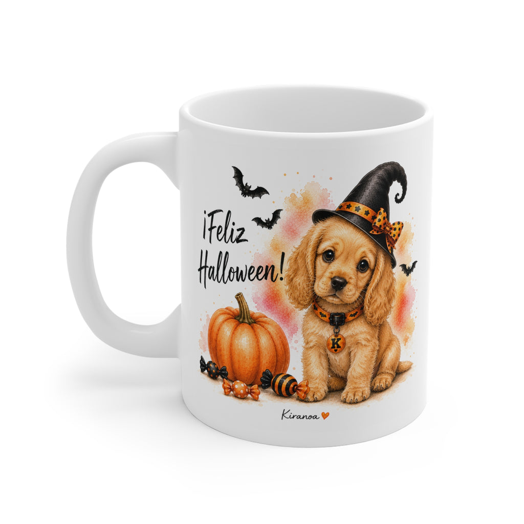 Taza cerámica Cocker Spaniel Inglés Halloween con diseño impreso en ambas caras vista trasera Kiranoa
