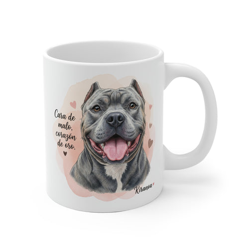 Taza de cerámica de 325 ml con ilustración de un American Bully y la frase "Cara de malo, corazón de oro"