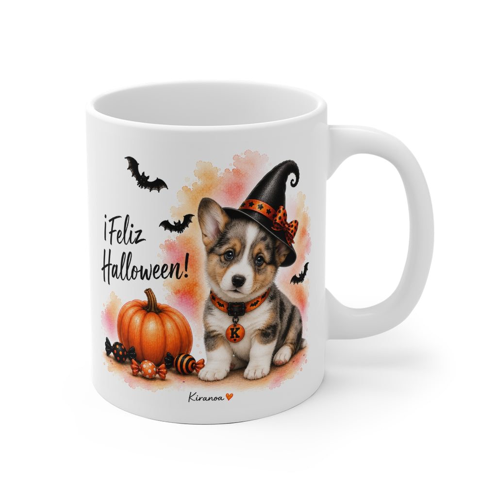 Taza cerámica Cardigan Welsh Corgi Halloween con ilustración terrorífica vista frontal Kiranoa