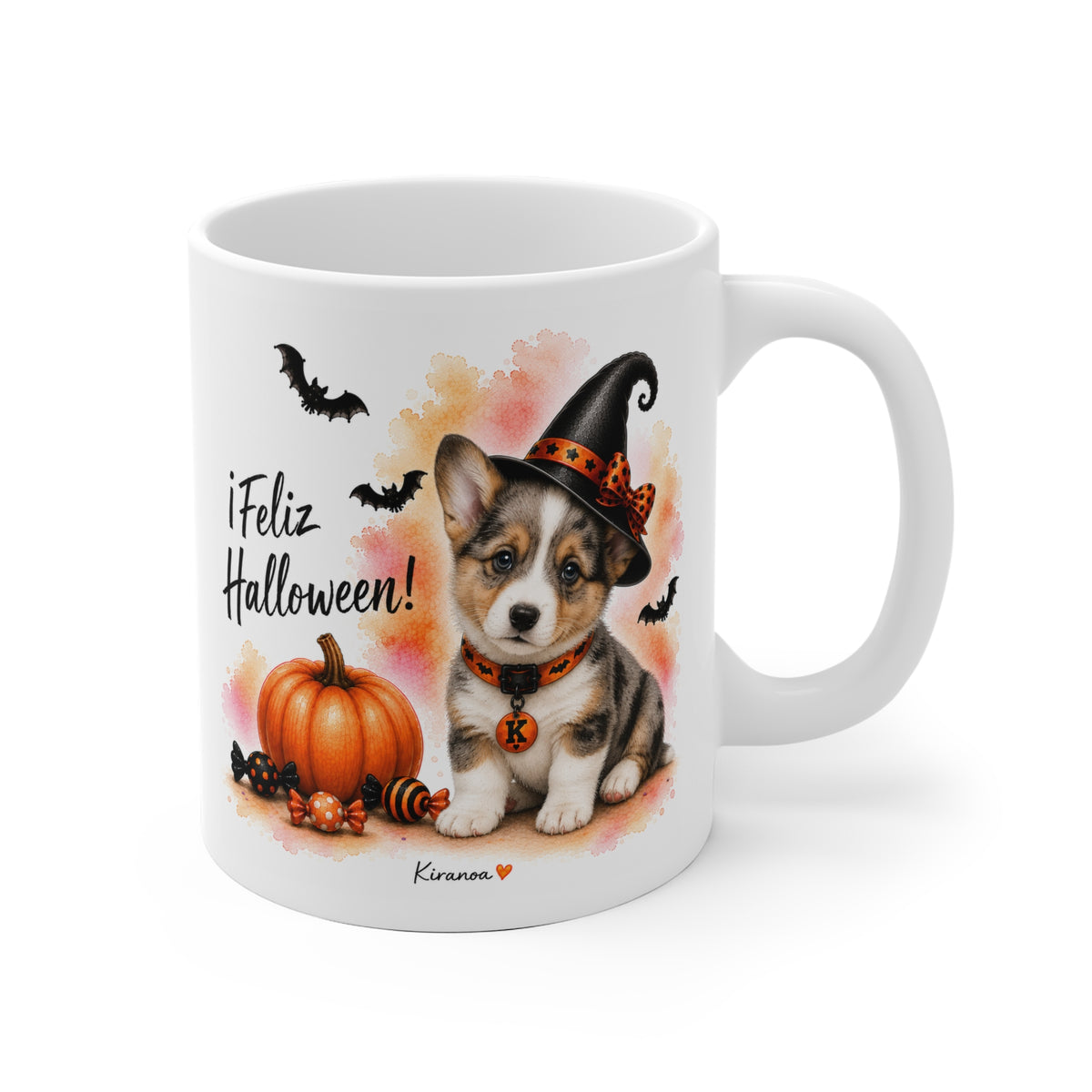 Taza cerámica Cardigan Welsh Corgi Halloween con ilustración terrorífica vista frontal Kiranoa