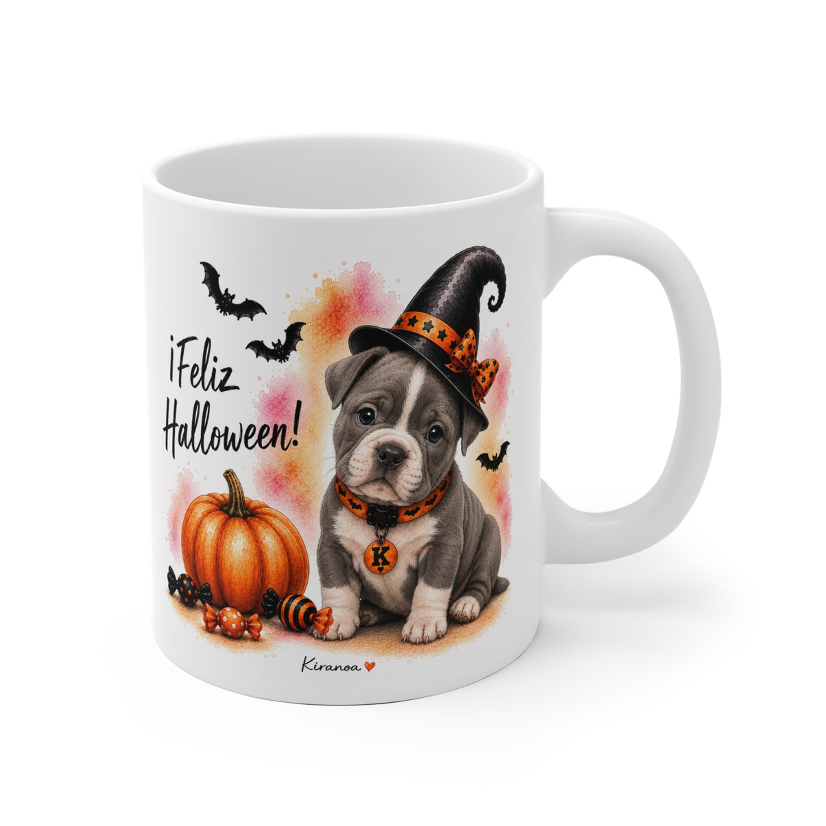 Taza cerámica American Bully Halloween con ilustración terrorífica vista frontal Kiranoa