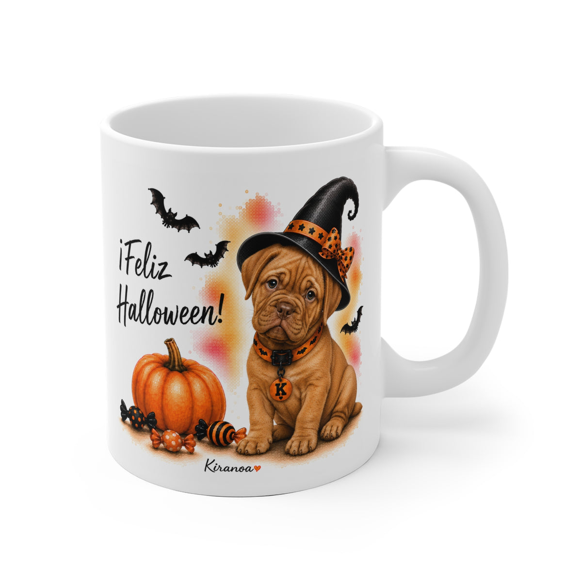 Taza cerámica Dogo de Burdeos Halloween con ilustración terrorífica vista frontal Kiranoa