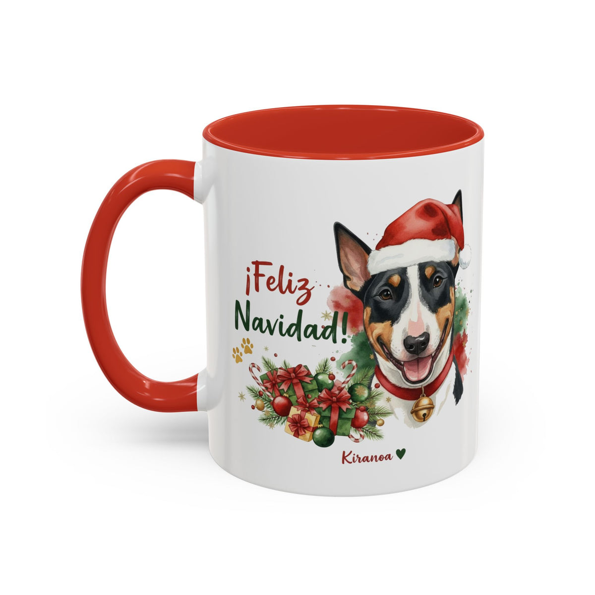 Taza Navideña Bull Terrier Tricolor con interior y asa roja vista trasera Kiranoa