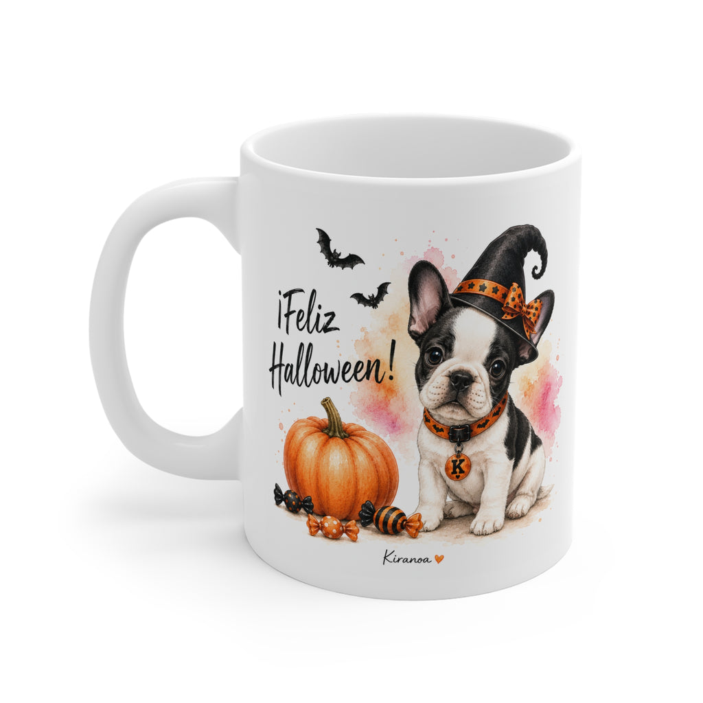 Taza cerámica Bulldog Francés Halloween con diseño impreso en ambas caras vista trasera Kiranoa