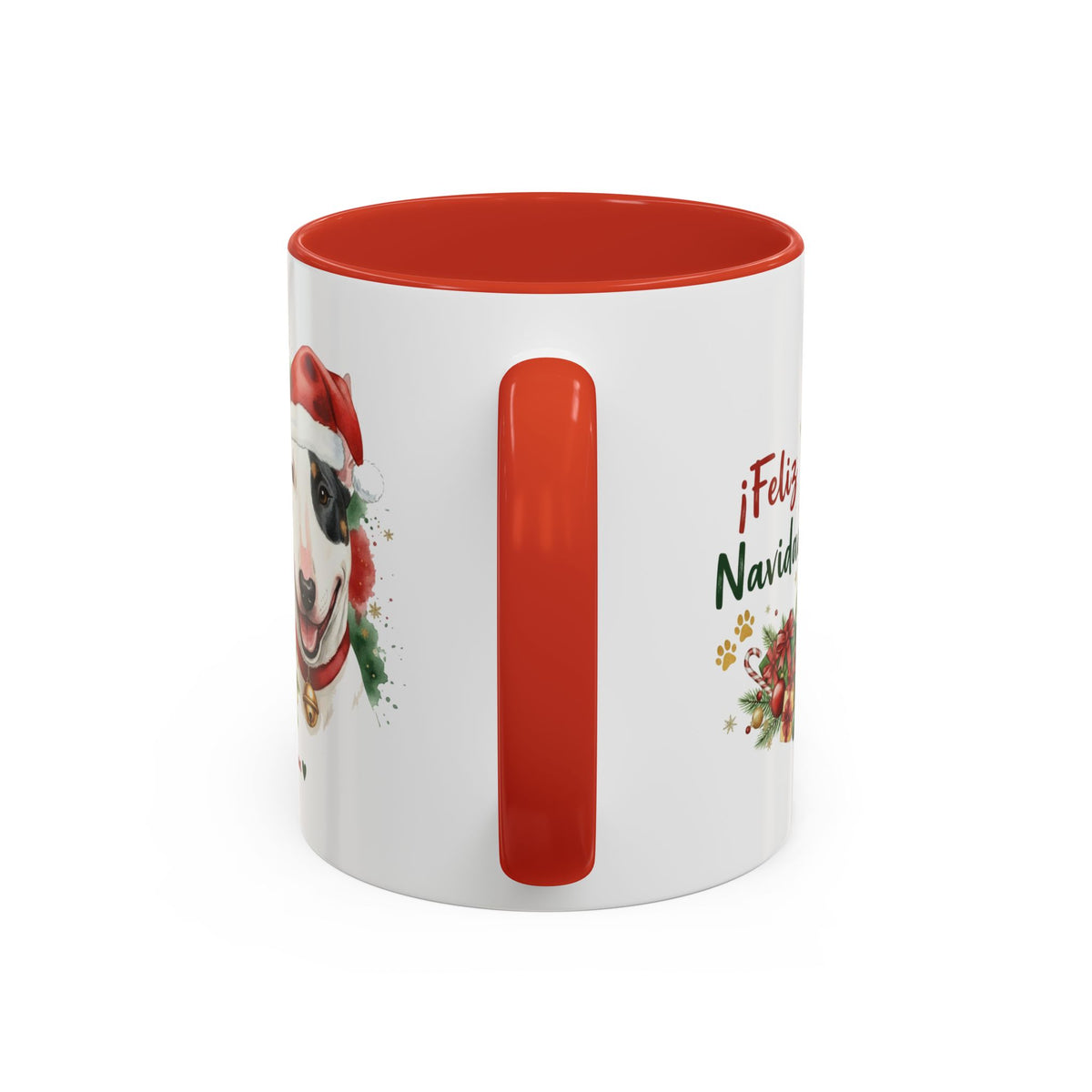 Taza Navideña Bull Terrier Miniatura de 325 ml con interior y asa en rojo navideño vista lateral Kiranoa