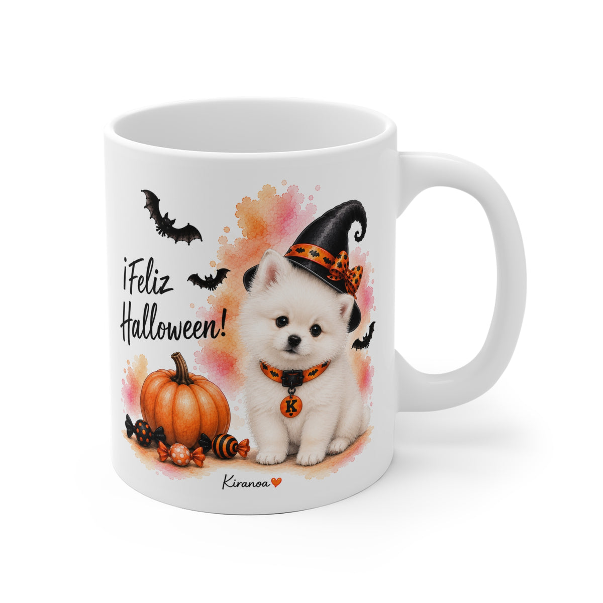 Taza cerámica Pomerania Blanco Halloween con ilustración terrorífica – vista frontal