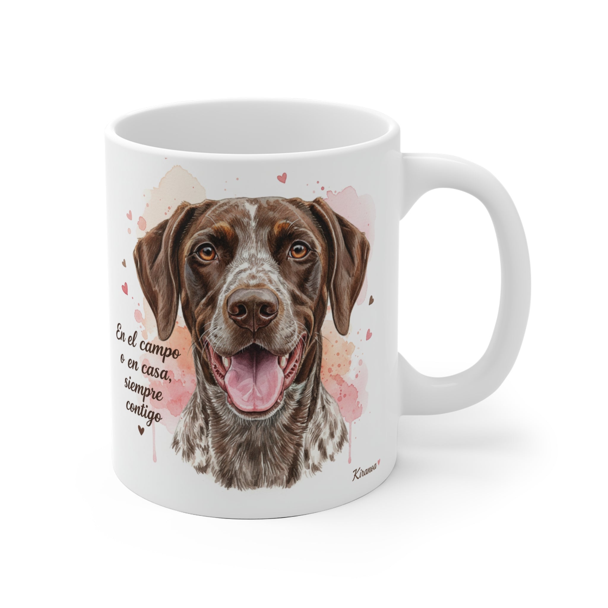 Taza cerámica Braco Alemán con frase En el campo o en casa, siempre contigo – vista frontal