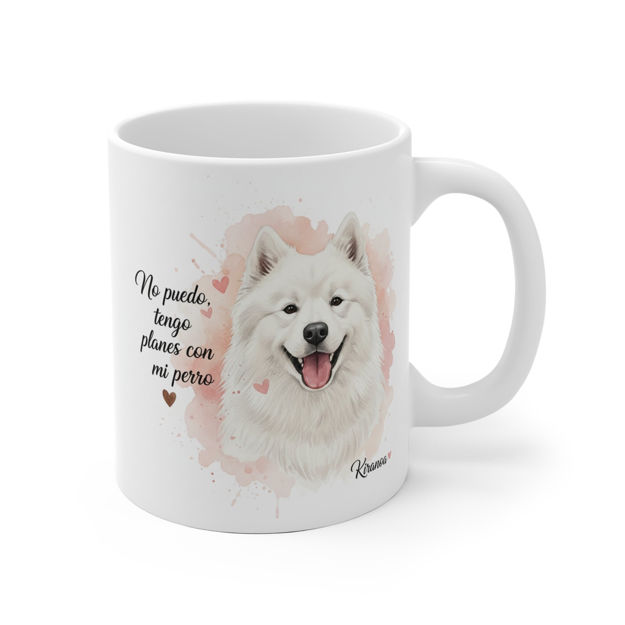 Taza cerámica Samoyedo con frase No puedo, tengo planes con mi perro – vista frontal