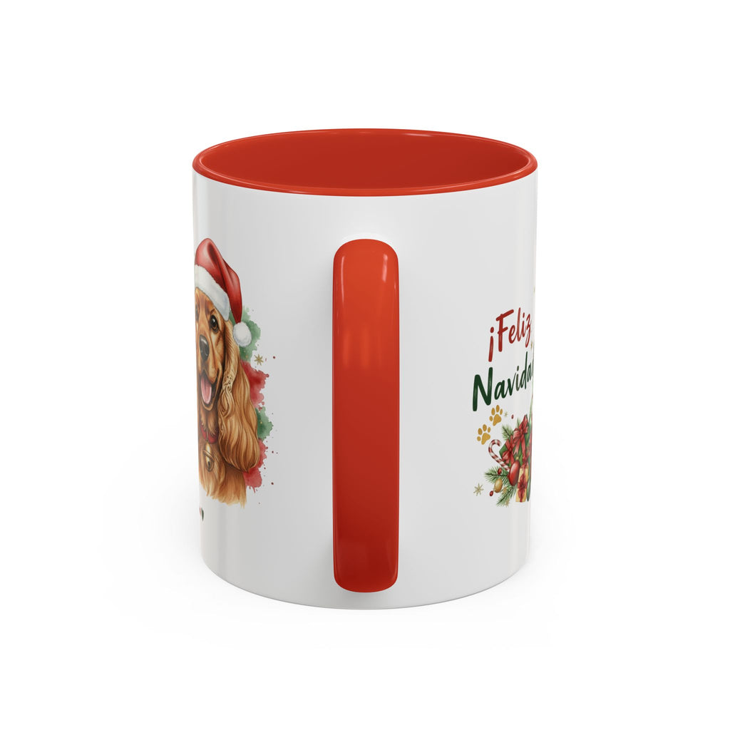 Taza Navideña Cocker Spaniel Inglés Dorado de 325 ml con interior y asa en rojo navideño vista lateral Kiranoa 
