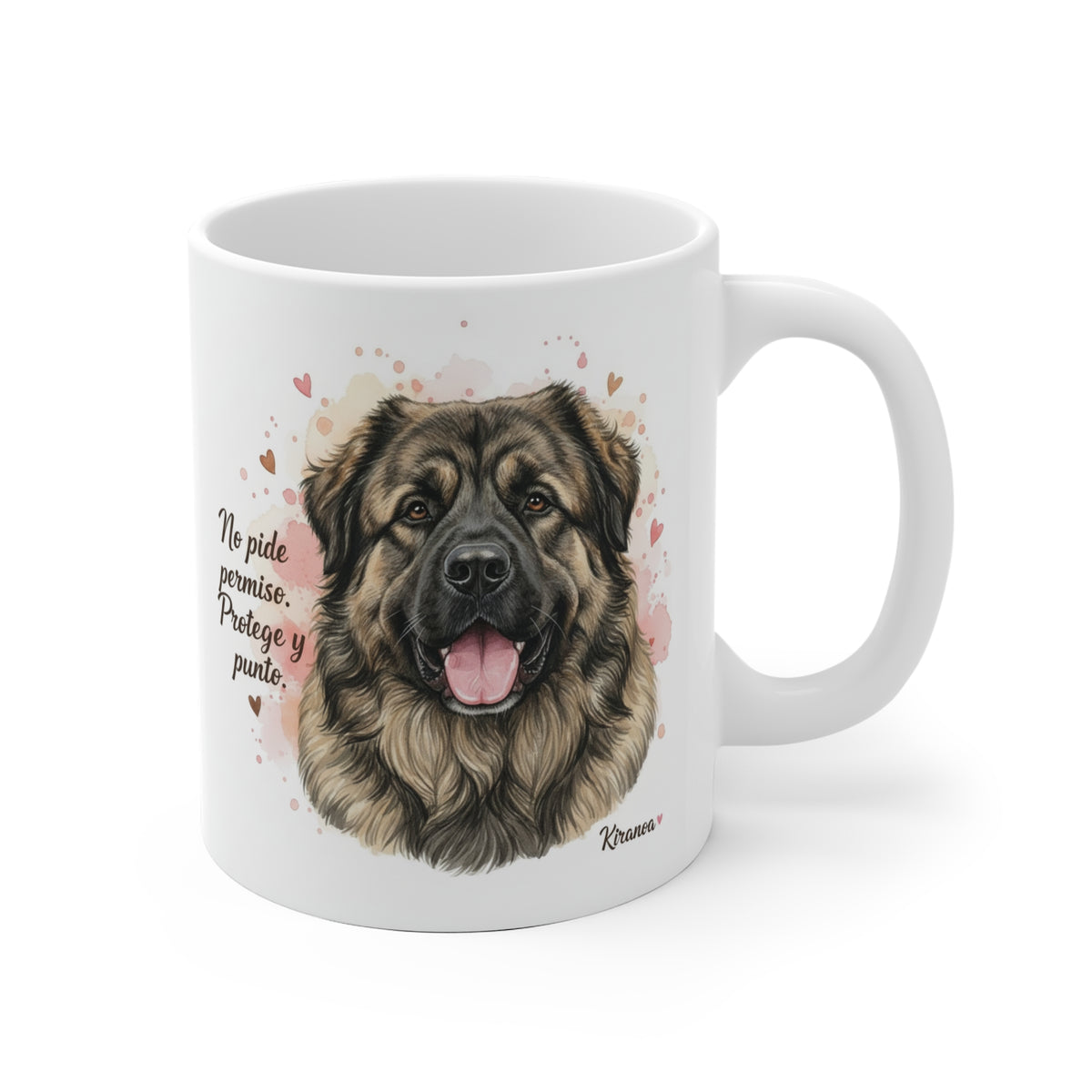 Taza cerámica Pastor Caucásico con frase "No pide permiso, protege y punto" – vista frontal