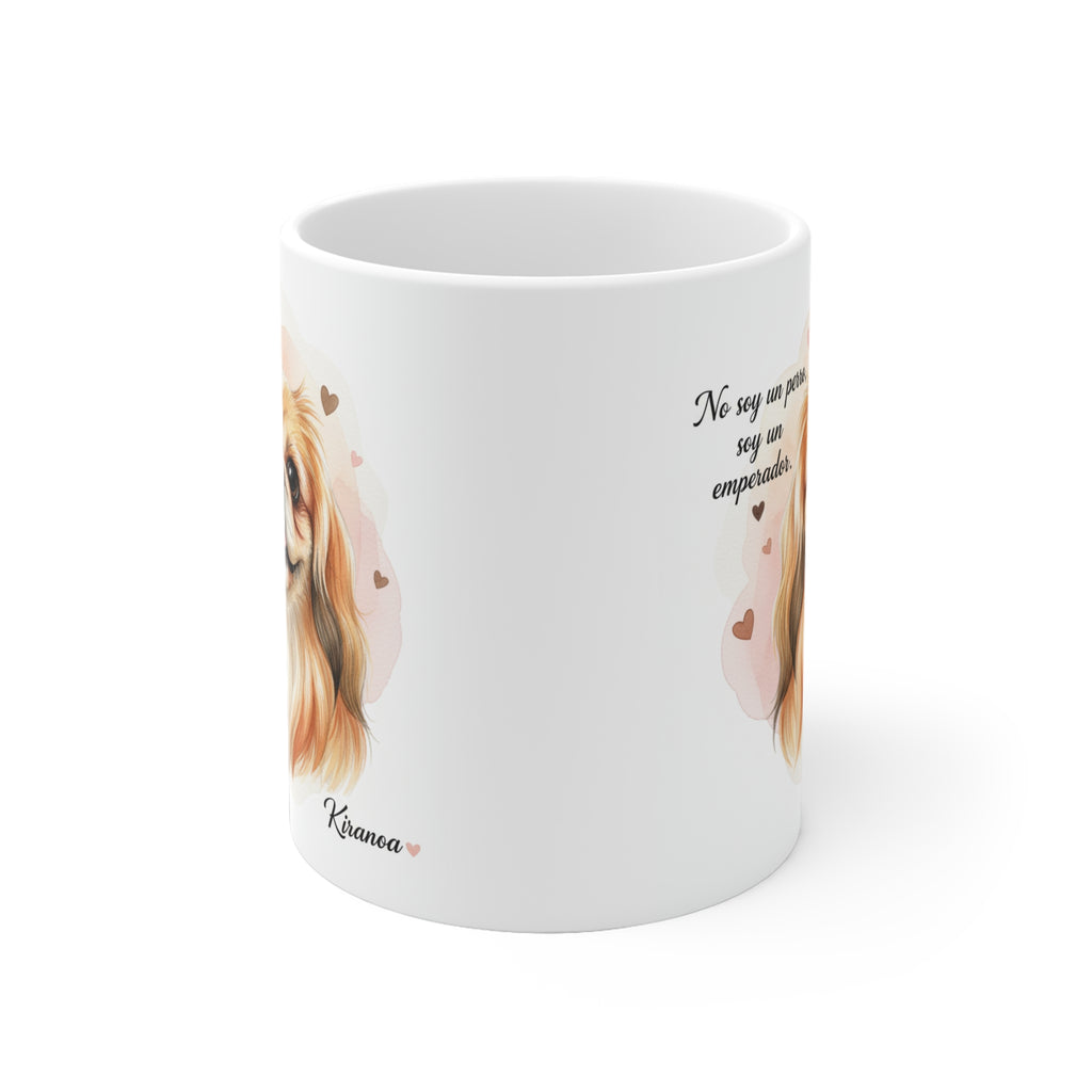 Vista lateral de la taza de cerámica 325 ml con ilustración de Pequinés – Kiranoa