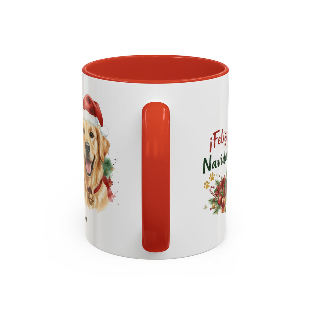 Taza Navideña Golden Retriever de 325 ml con interior y asa en rojo navideño vista lateral Kiranoa