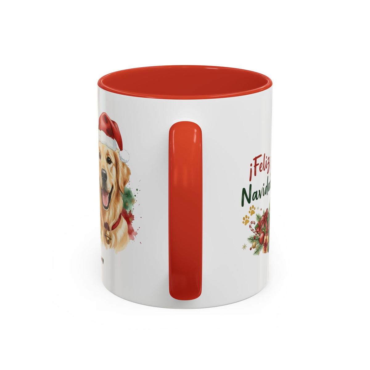 Taza Navideña Golden Retriever de 325 ml con interior y asa en rojo navideño vista lateral Kiranoa