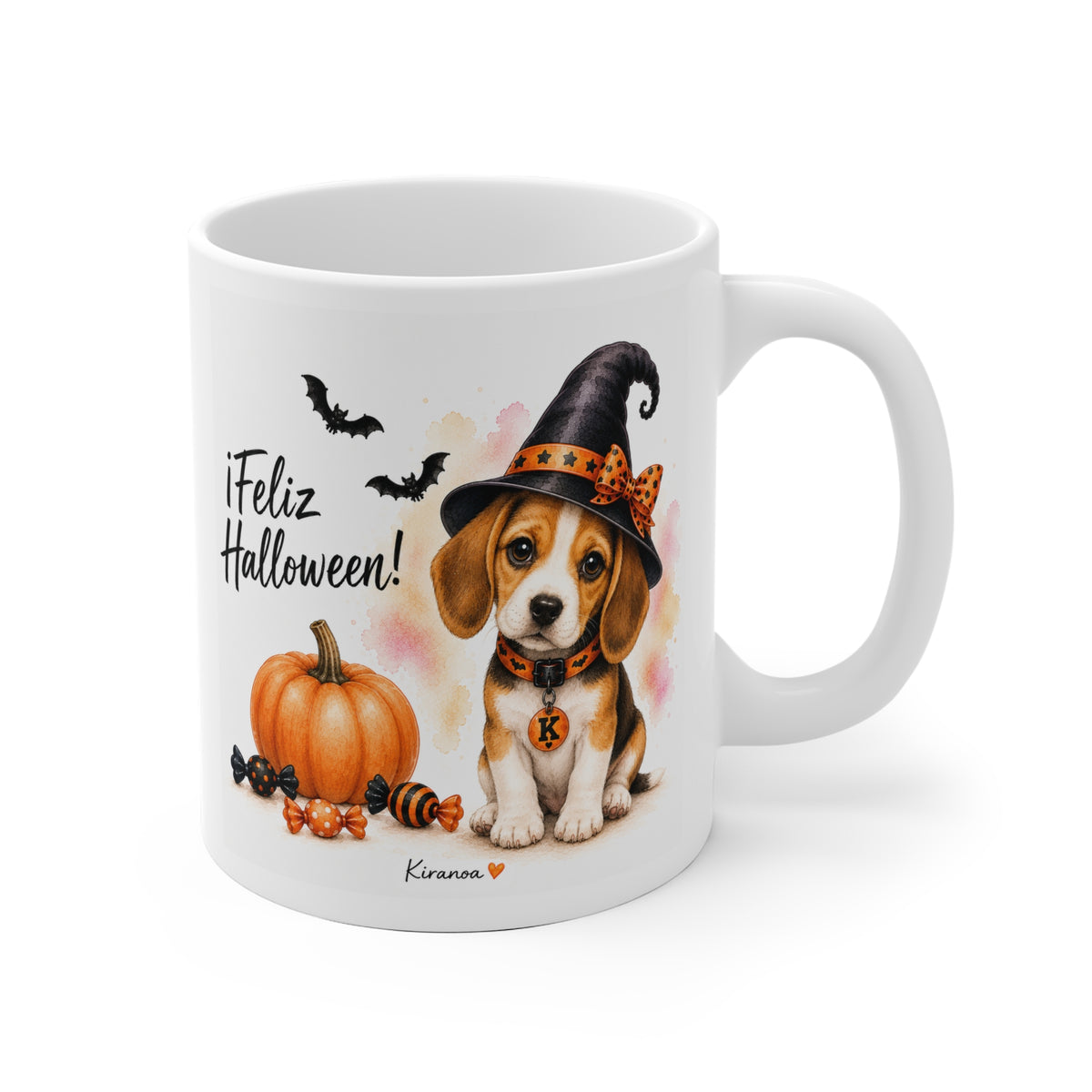 Taza cerámica Beagle Halloween con ilustración terrorífica vista frontal Kiranoa