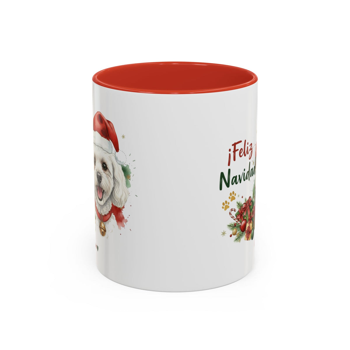 Taza Navideña Caniche Toy con diseño navideño impreso vista lateral Kiranoa