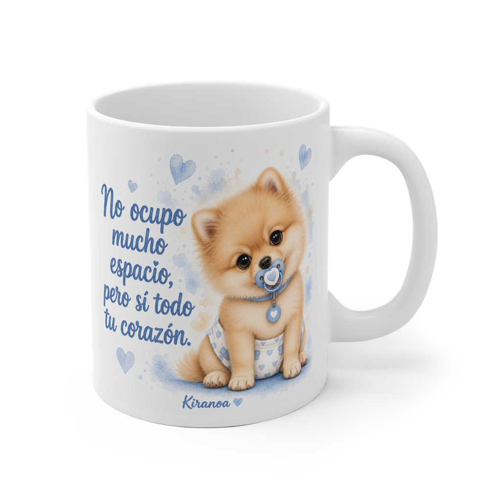 Taza cerámica Pomerania Pink con frase No ocupo mucho espacio pero sí todo tu corazón – vista frontal
