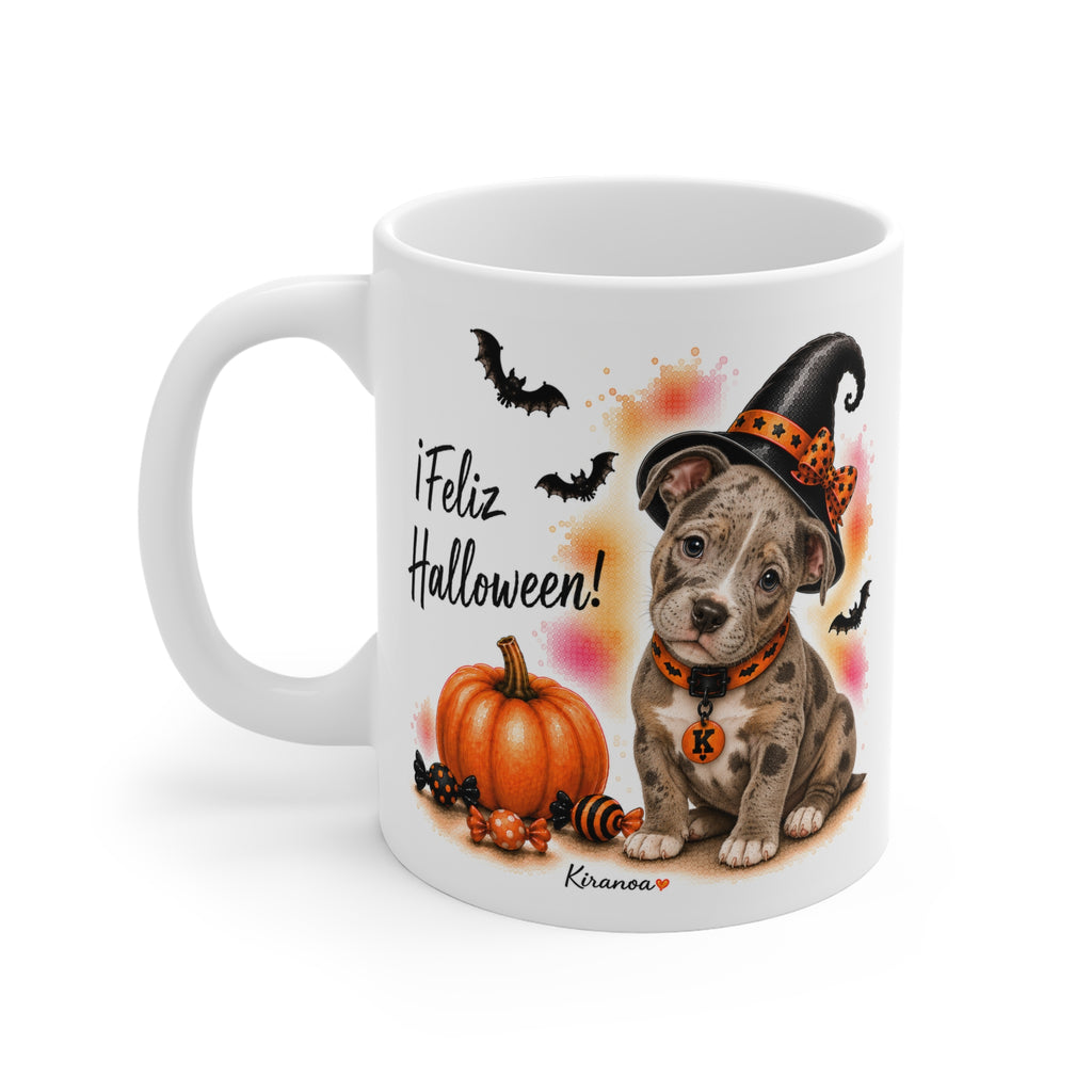 Taza cerámica Pit Bull Terrier Merle Halloween con diseño impreso en ambas caras vista trasera Kiranoa