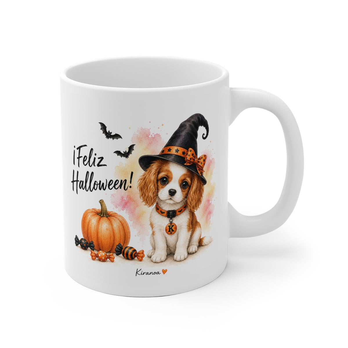 Taza cerámica Cavalier King Charles Spaniel Halloween con ilustración terrorífica vista frontal Kiranoa