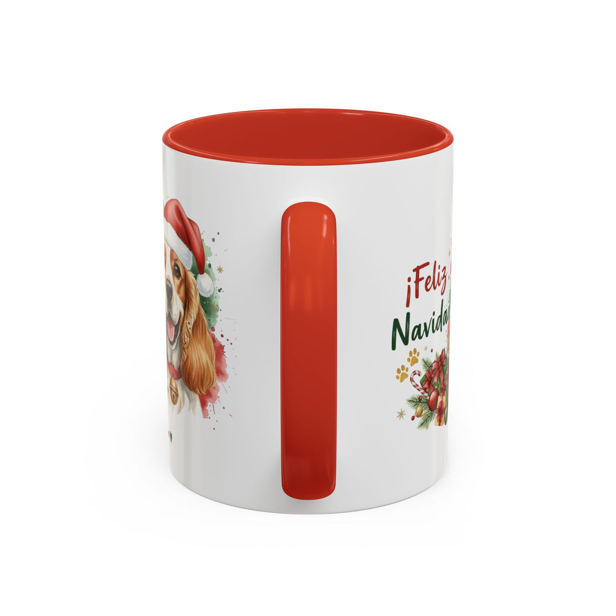 Taza Navideña Cocker Spaniel Inglés de 325 ml con interior y asa en rojo navideño vista lateral Kiranoa