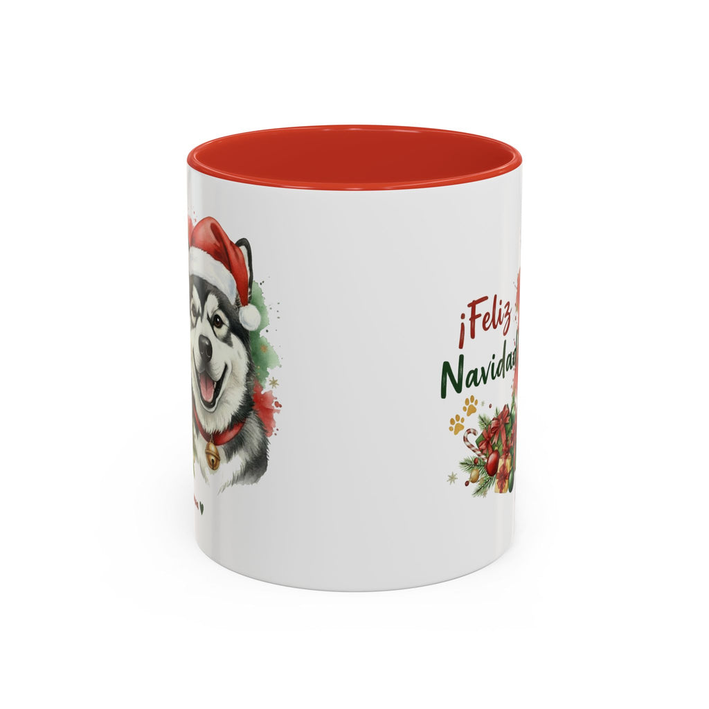 Taza Navideña Alaskan Malamute con diseño navideño impreso vista lateral Kiranoa