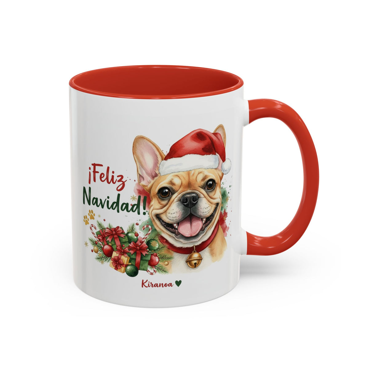 Taza Navideña Bulldog Francés Fawn con frase ¡Feliz Navidad! vista frontal Kiranoa
