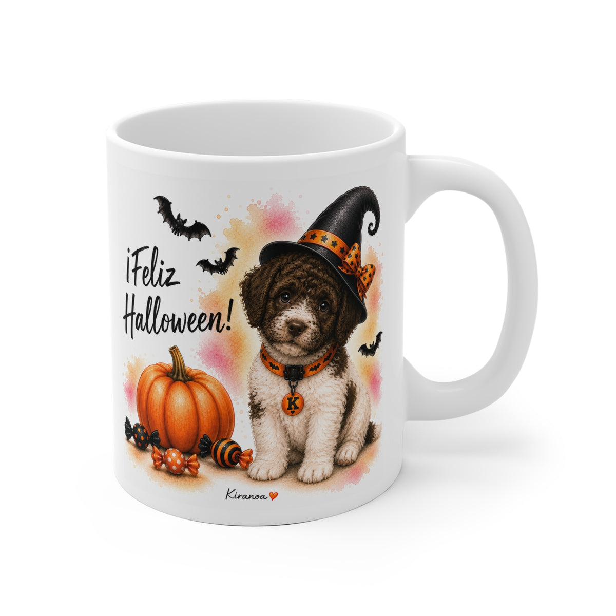 Taza cerámica Perro de Agua Español Halloween con ilustración terrorífica vista frontal Kiranoa