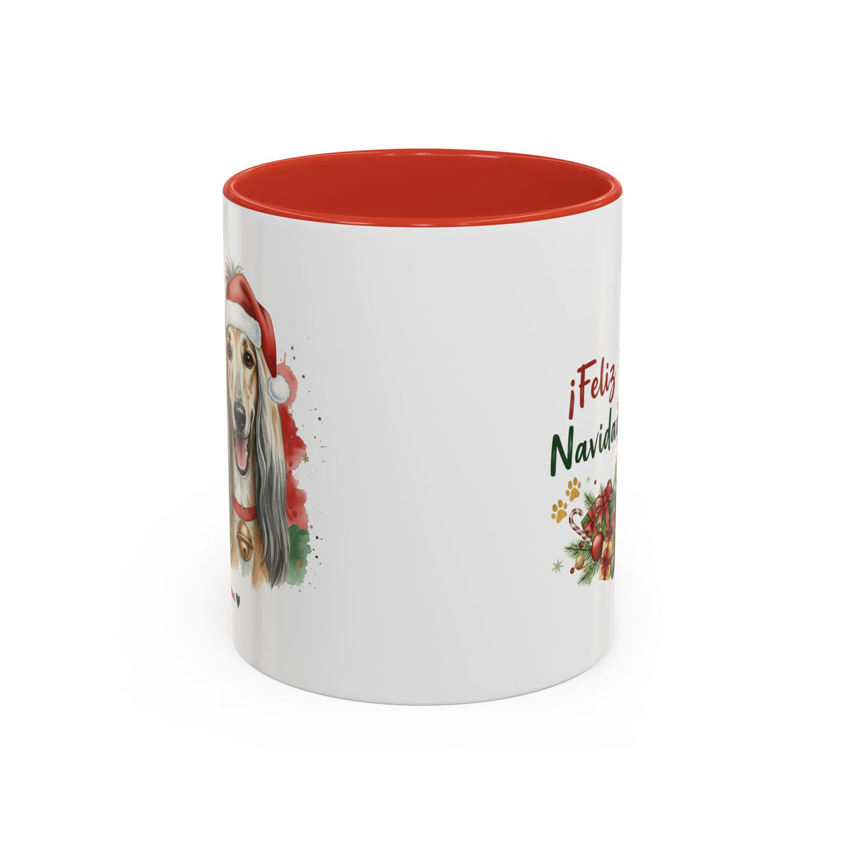 Taza Navideña Galgo Afgano con diseño navideño impreso vista lateral Kiranoa
