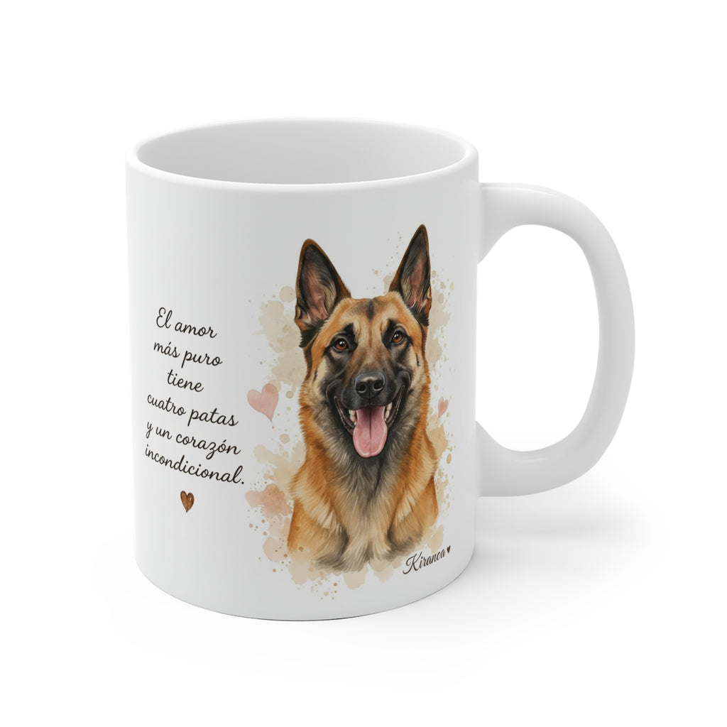Taza cerámica Malinois Leonado con frase El amor más puro tiene cuatro patas y un corazón incondicional. – vista frontal
