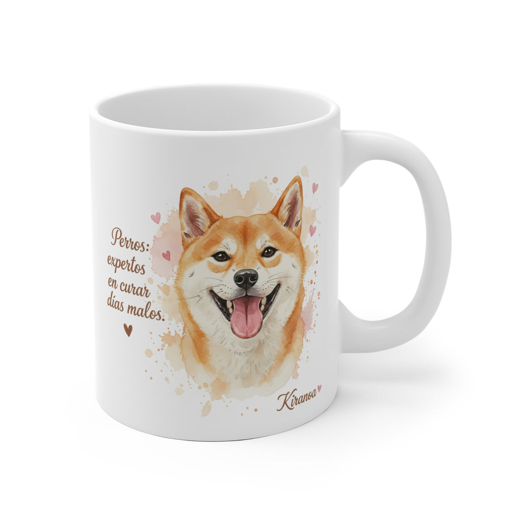 Taza cerámica Shiba Inu con frase Perros expertos en curar días malos – vista frontal