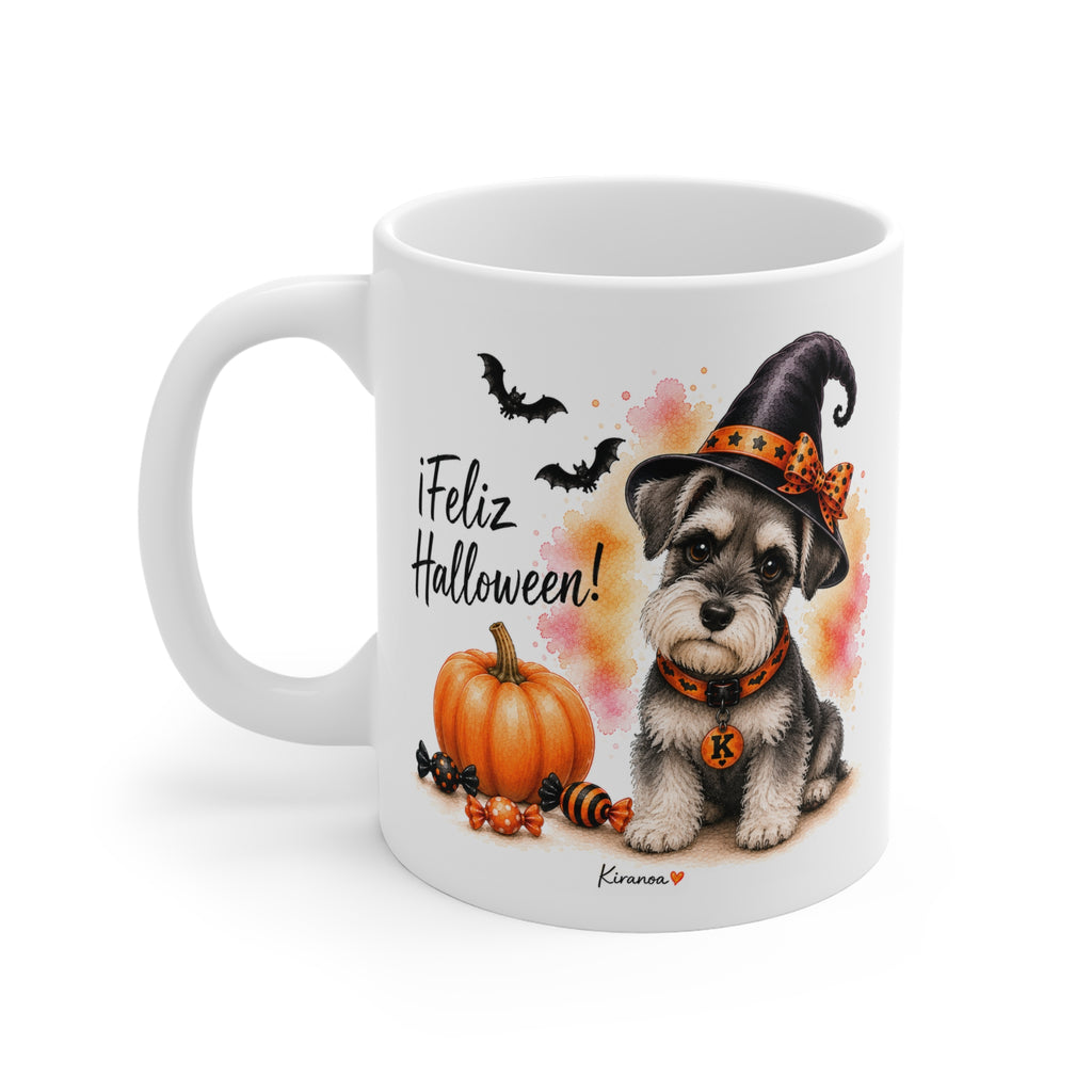 Taza cerámica Schnauzer Miniatura Halloween con diseño impreso en ambas caras vista trasera Kiranoa