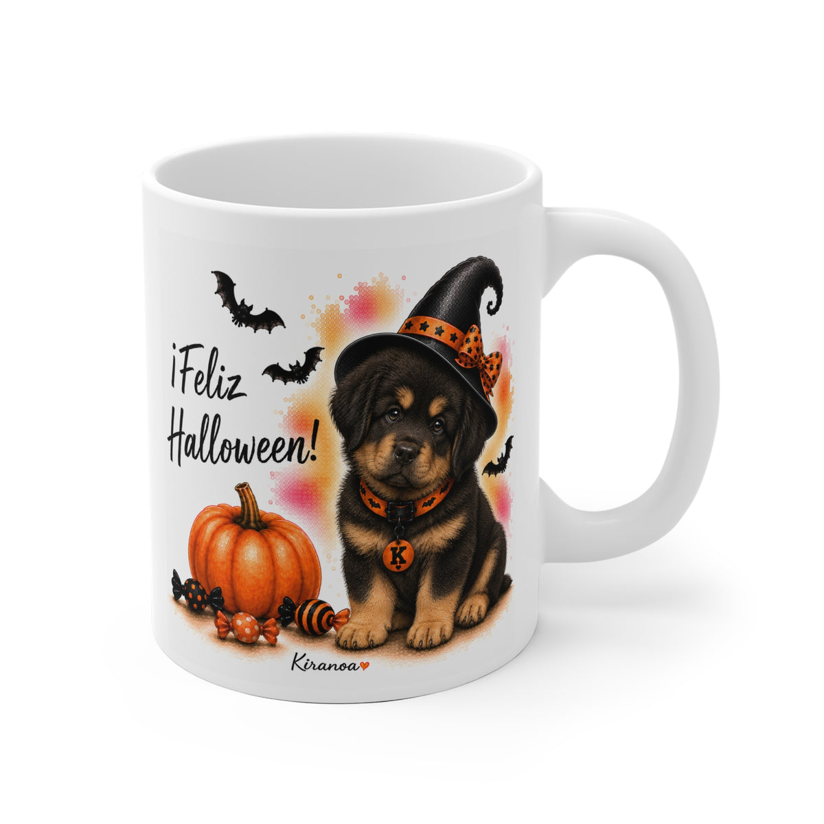 Taza cerámica Mastín Tibetano Halloween con ilustración terrorífica vista frontal Kiranoa
