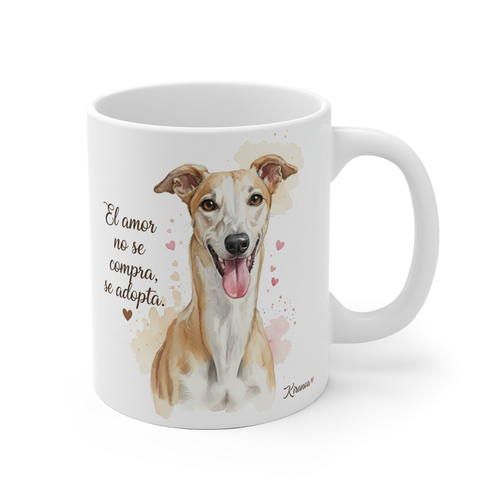 Taza Galgo con la frase El amor no se compra, se adopta — ilustración acuarela — Kiranoa