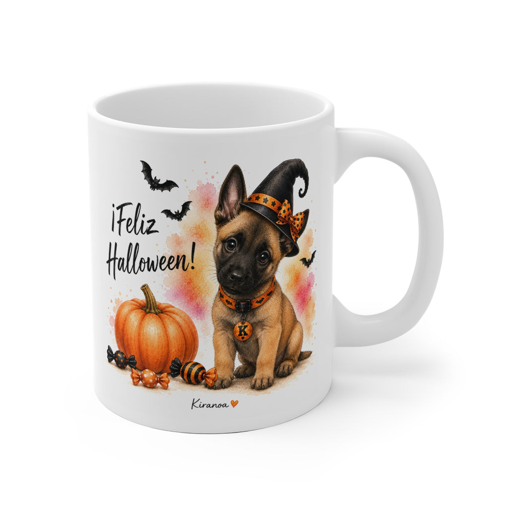 Taza cerámica Pastor Belga Malinois Halloween con ilustración terrorífica vista frontal Kiranoa