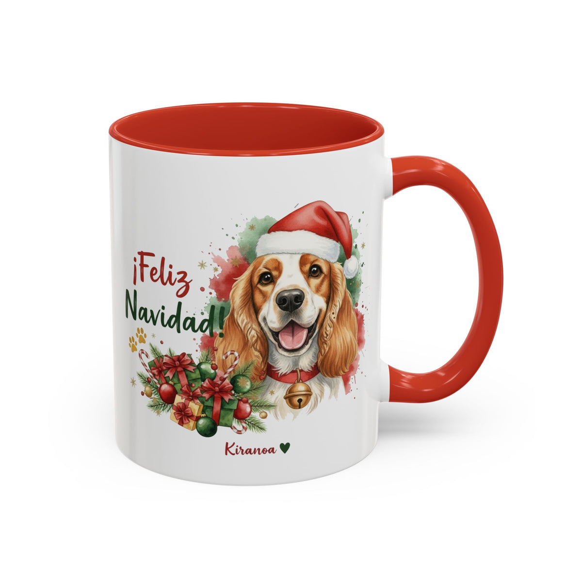 Taza Navideña Cocker Spaniel Inglés con frase ¡Feliz Navidad! vista frontal Kiranoa