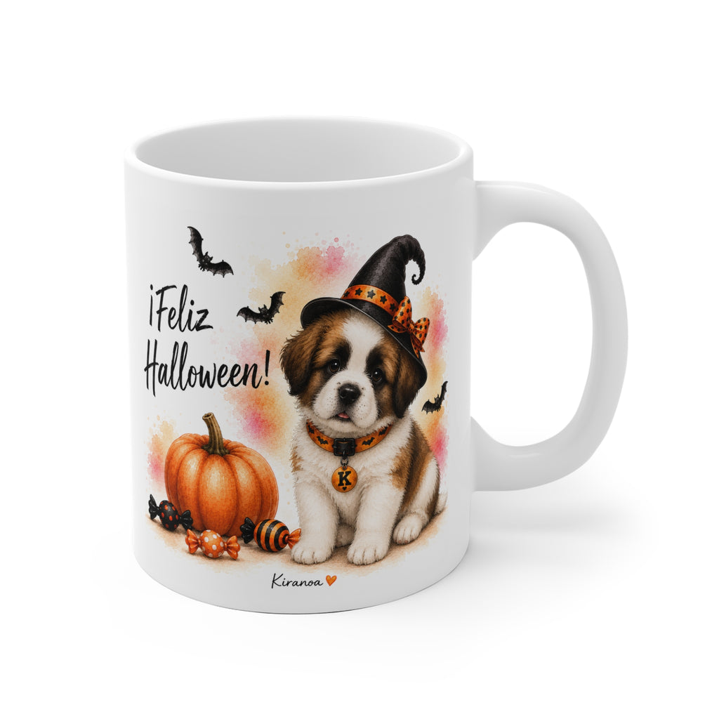 Taza cerámica San Bernardo Halloween con ilustración terrorífica vista frontal Kiranoa