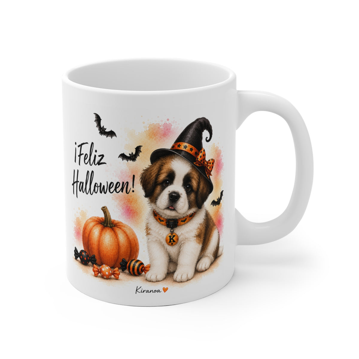 Taza cerámica San Bernardo Halloween con ilustración terrorífica vista frontal Kiranoa