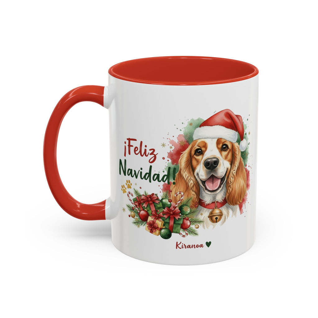 Taza Navideña Cocker Spaniel Inglés con interior y asa roja vista trasera Kiranoa