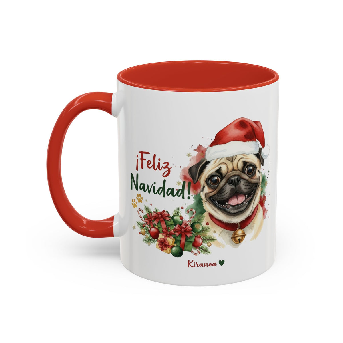 Taza Navideña Carlino con interior y asa roja vista trasera Kiranoa
