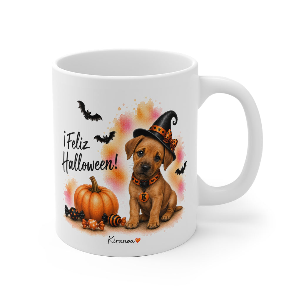 Taza cerámica Rhodesian Ridgeback Halloween con ilustración terrorífica vista frontal Kiranoa