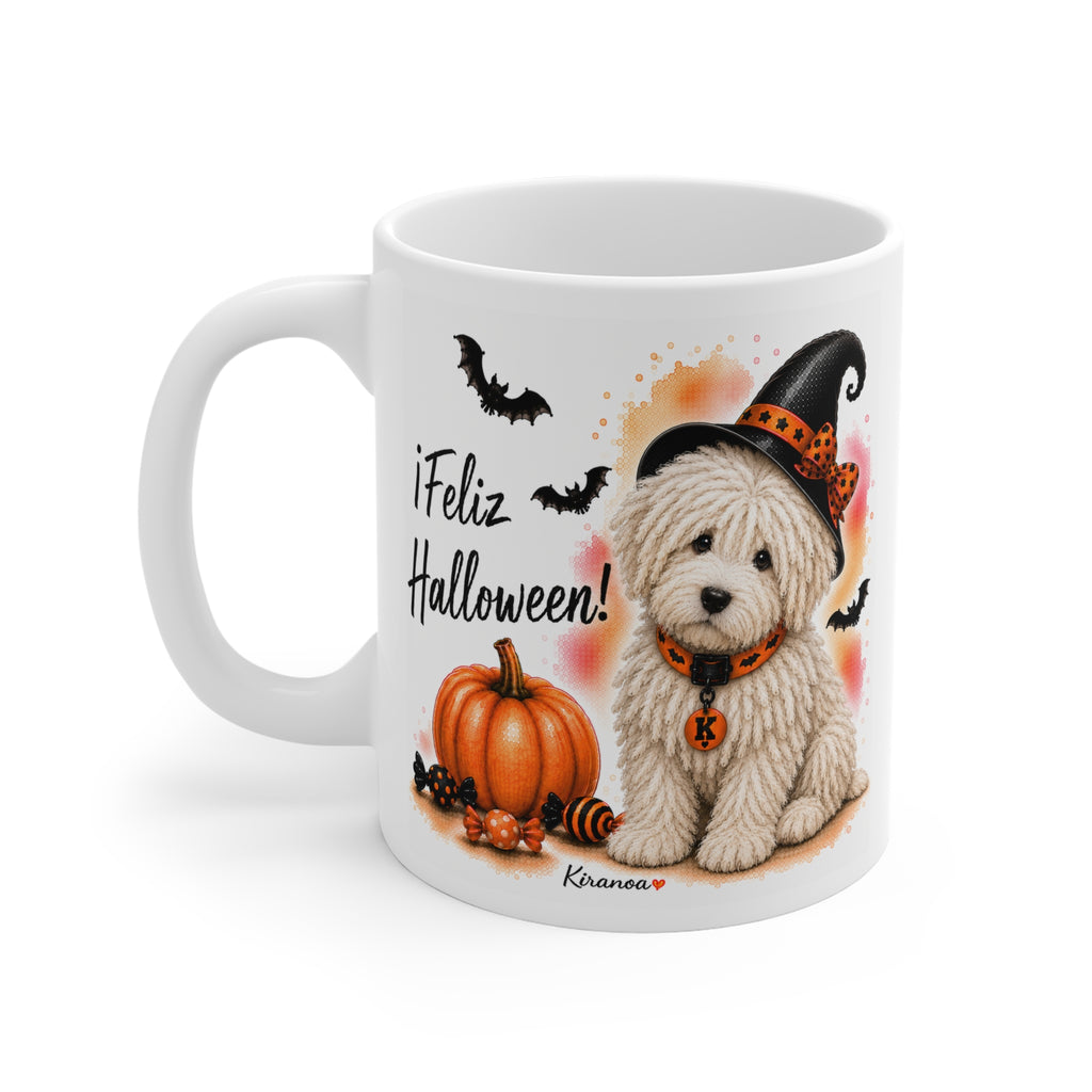 Taza cerámica Komondor Halloween con diseño impreso en ambas caras vista trasera Kiranoa