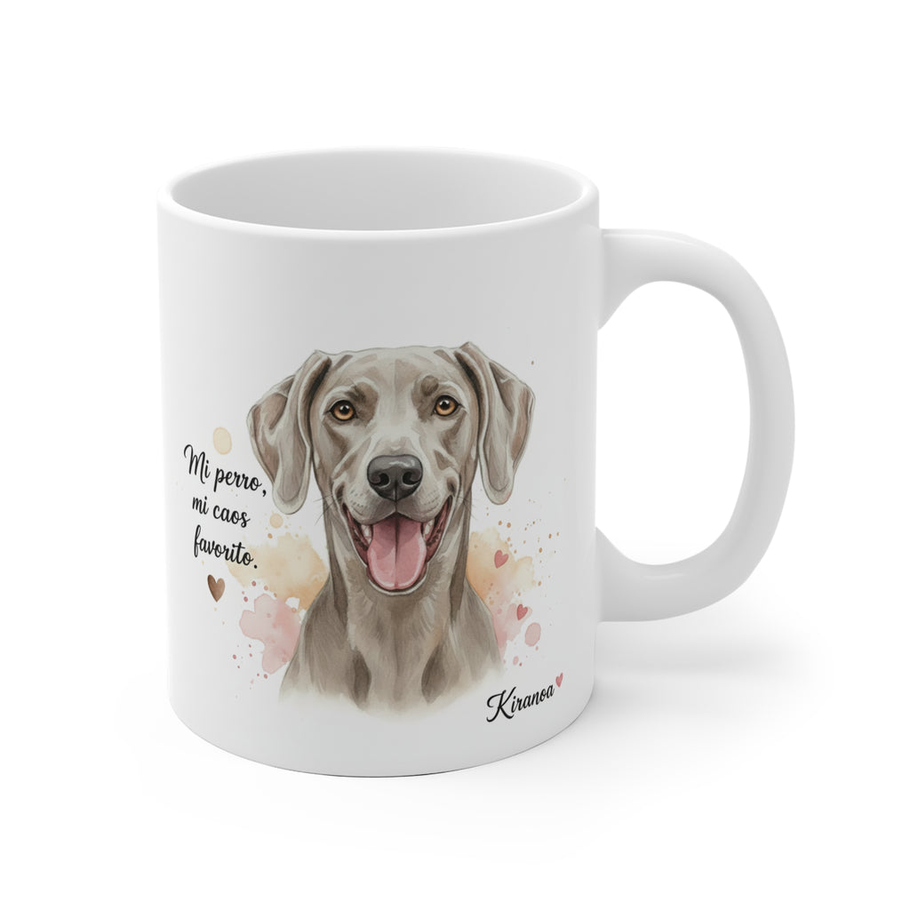 Taza cerámica Braco de Weimar con frase Mi perro mi caos favorito – vista frontal