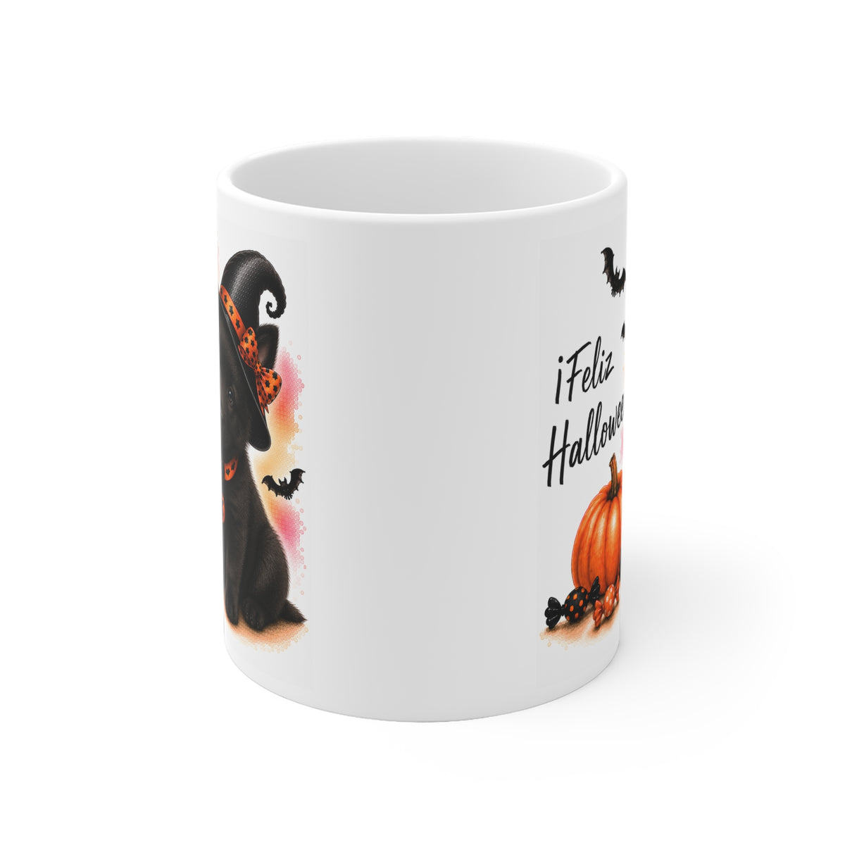 Taza cerámica Pastor Belga Groenendael 325 ml edición Halloween vista lateral Kiranoa