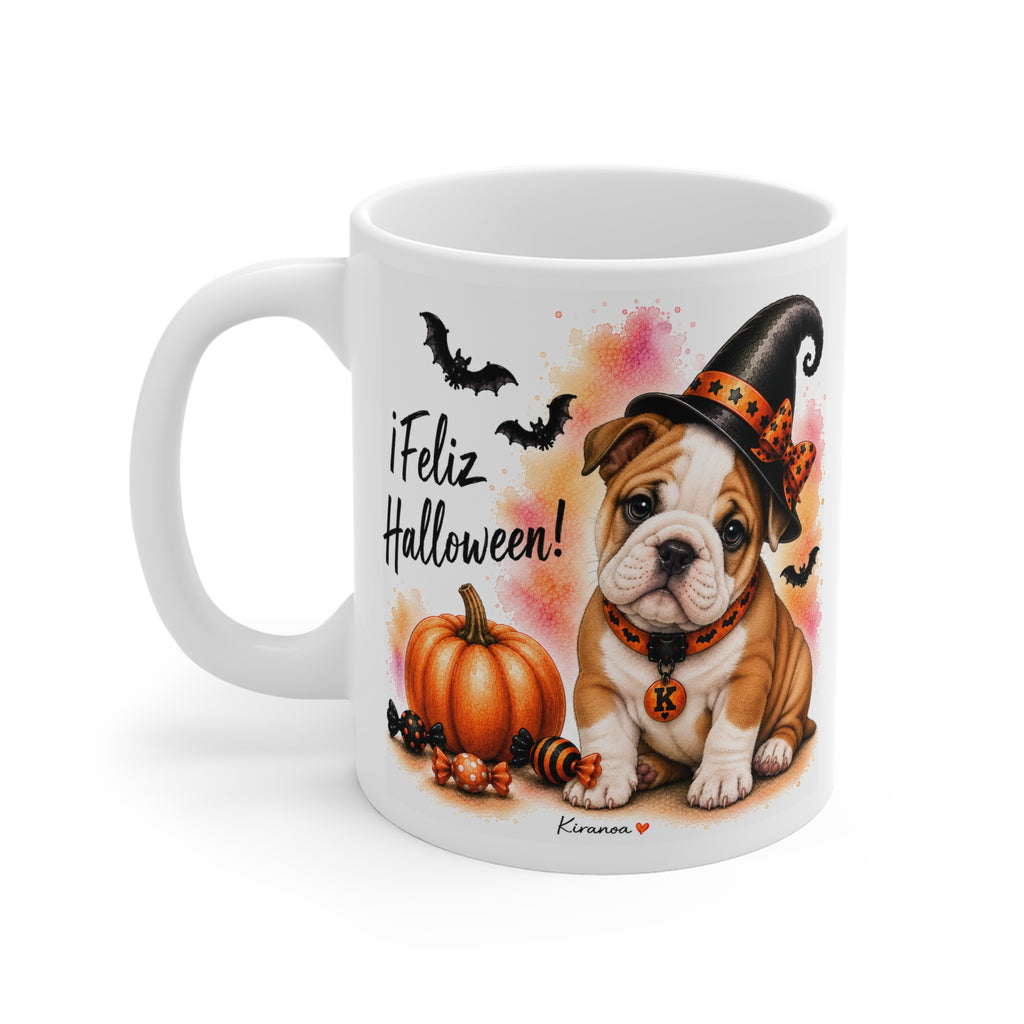 Taza cerámica Bulldog Inglés Halloween con diseño impreso en ambas caras vista trasera Kiranoa