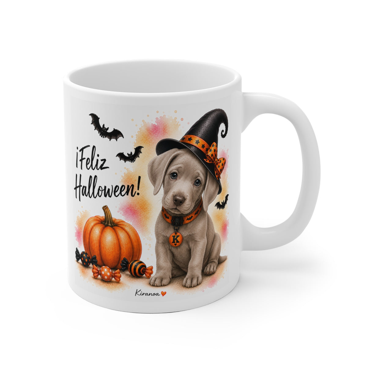 Taza cerámica Weimaraner Halloween con ilustración terrorífica vista frontal Kiranoa