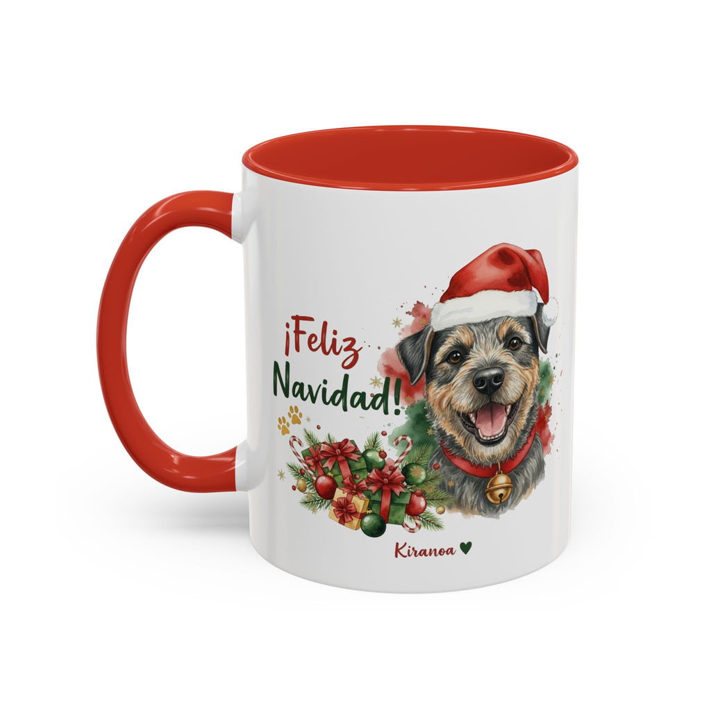 Taza Navideña Border Terrier con interior y asa roja vista trasera Kiranoa