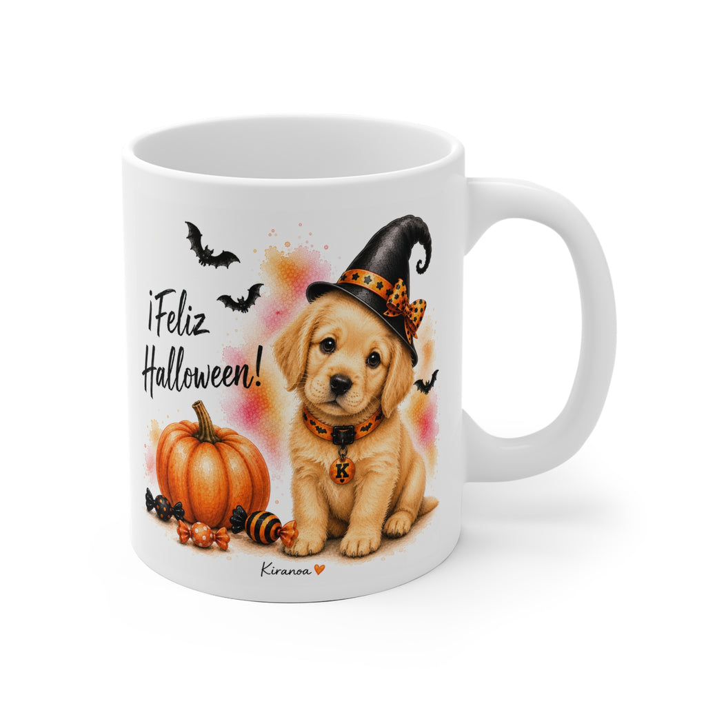 Taza cerámica Golden Retriever Halloween con ilustración terrorífica vista frontal Kiranoa
